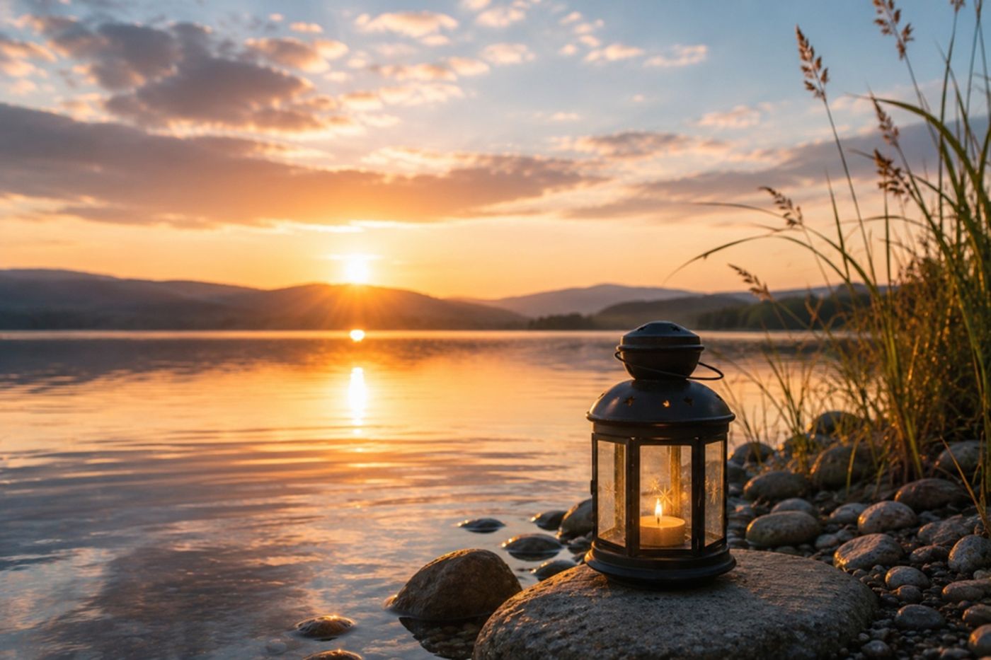 Eine Laterne mit Kerzenlicht am Seeufer bei Sonnenuntergang