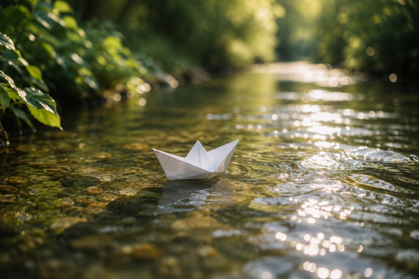 Ein kleines Papierschiff treibt auf einem sonnigen Bach