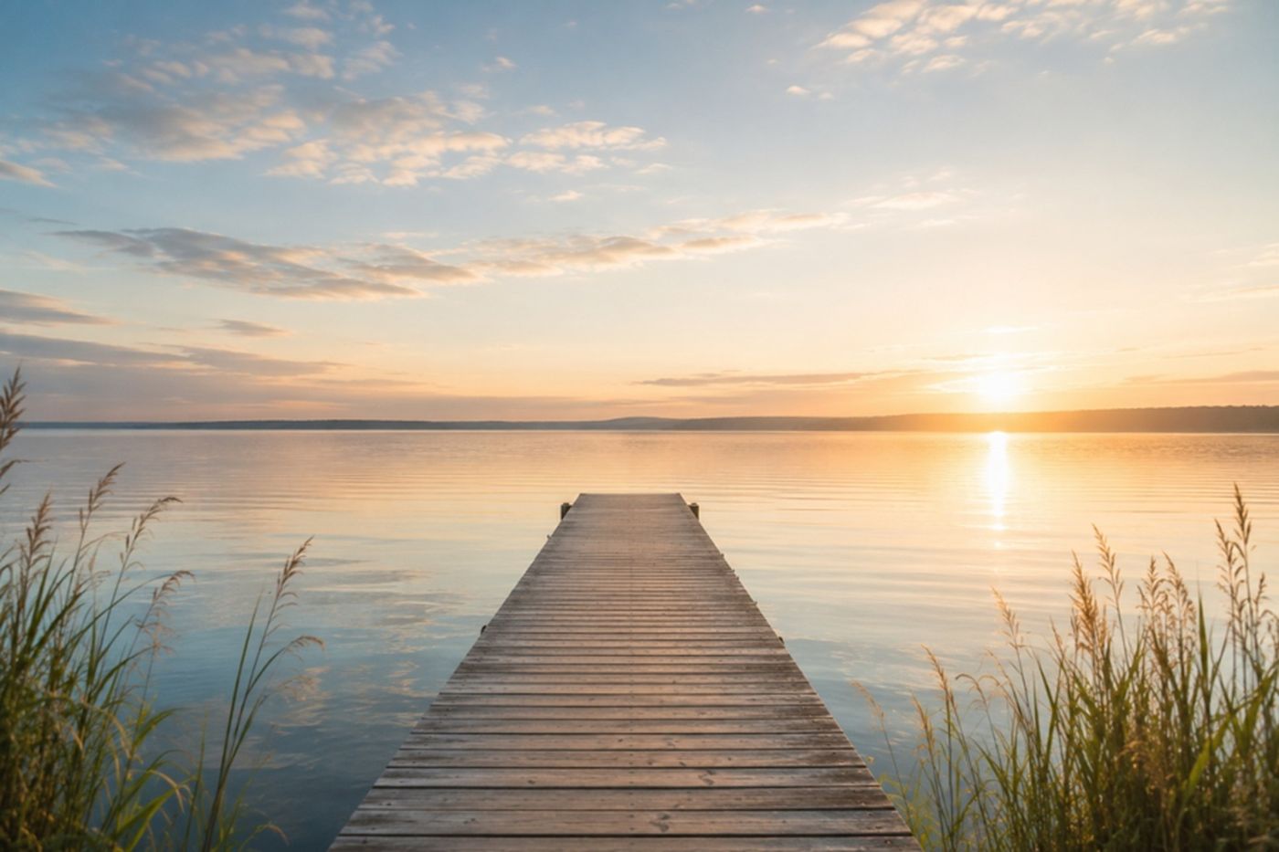 Ein Holzsteg führt in einen See im Abendlicht
